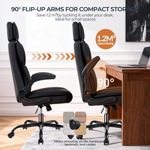 Image of Office Chair with Adjustable Headrest - Executive Leather Desk Chair for Home Office, with Flip-Up Arms & Ergonomic Lumbar Support, Perfect for Work and Study, Black