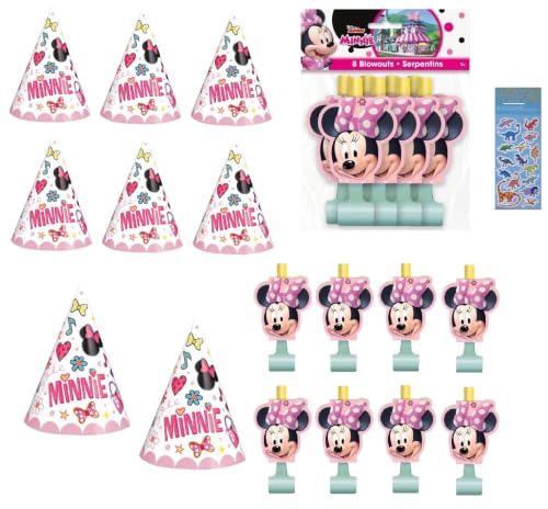Unique Minnie Mouse Birthday Party Supplies Activity Bundle Pack includes 8 Kid's Party Cone Hats, 8 Party Blowouts