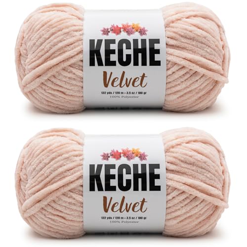 Image of Keche Velvet Yarn for Crocheting, Soft Chenille Bulky Baby Blanket Amigurumi Yarn 2x100 gr (2x132 yds) (2 Skeins) Light Powder