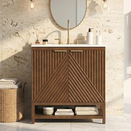 Merax 30 Inch Fluted Bathroom Vanity with Hidden Storage Drawer, Open Bottom Shelf, Soft Close Double-Door Cabinet & Stain Resistant Ceramic Sink, Dark Brown, Dark Brown