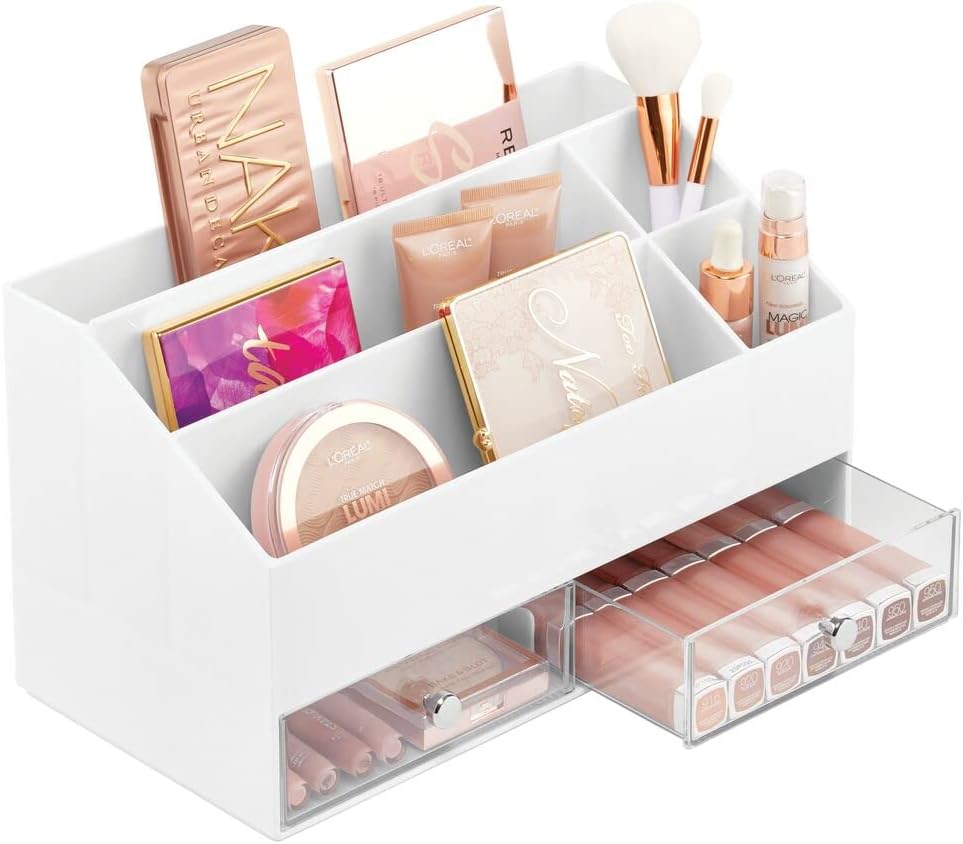 mDesign Plastic Makeup Storage Organizer with 2 Drawers and 5 Divided Sections for Bathroom, Vanity, Cabinet, Countertops - Storage for Cosmetics, Brushes, Blush - Lumiere Collection - White/Clear