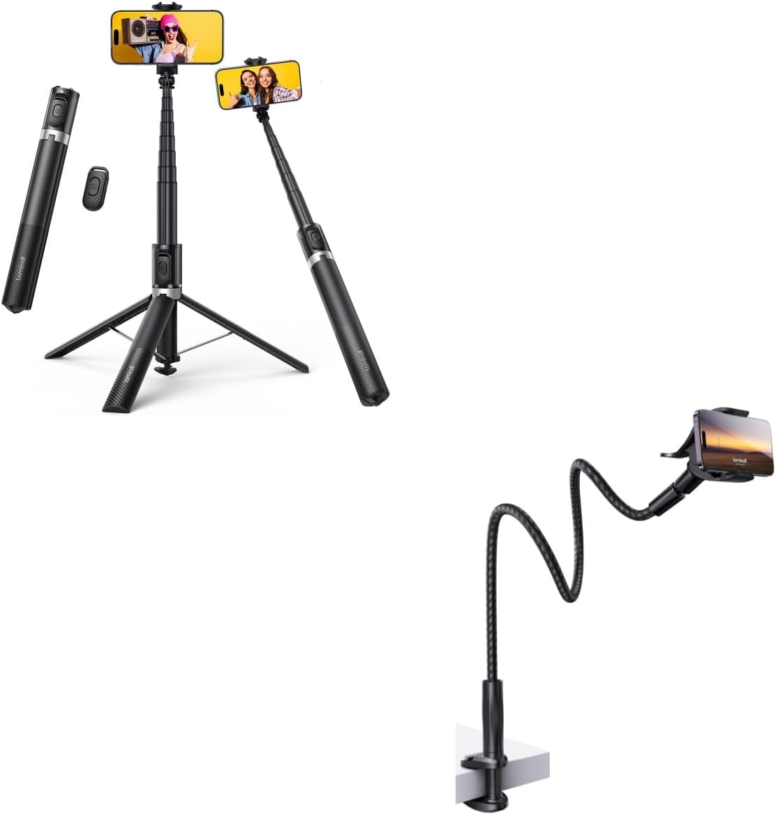 Lamicall Tap-to-Open Phone Tripod & Selfie Stick + Gooseneck Phone Holder Bed