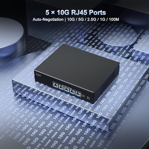 Image of 5-Port 10G RJ45 Ethernet Switch Unmanaged, VunLink 10GBase-T Network Switch,Multi-Gig 10G /5G /2.5G /1G, 100Gbps Capacity, Plug & Play,Desktop /Rackmount, for NAS /PC /Router /Workstation /10G NIC