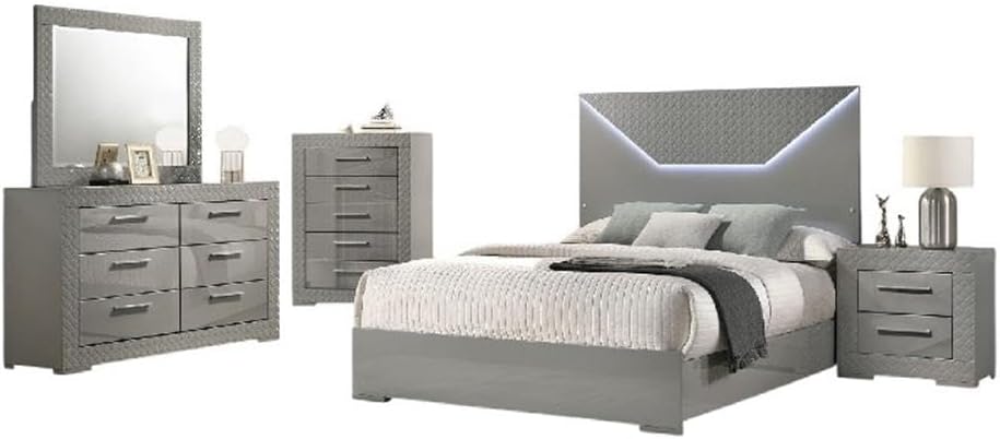 Pemberly Row 5-Piece Queen LED Bedroom Set, Gray High Gloss Finish, Includes Queen Bed, Nightstand, Wide Dresser, Mirror, Tall Chest, Diamond Emboss Detail, Touch-Activated LED Light, Modern Luxury