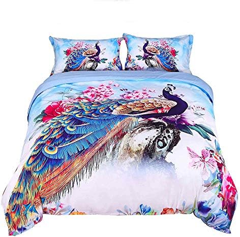 ENCOFT 3D Peacock Bedding Luxury Beautiful Peacock and Peony Watercolor Printed 4-Piece Duvet Cover Set, Full Size Peacock Sheets Set, No Comforters (Full, Multi)