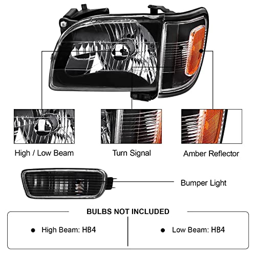 Alziria Headlight Assembly Compatible With 01 02 03 04 Toyota Tacoma 2001 2002 2003 2004 Toyota Tacoma 2001-2004 Toyota Tacoma Headlights+Bumper Light (Black Housing Amber Reflector) #TOP1