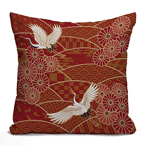 Japanese Throw Pillow Cover,Asian Oriental Two Cranes and Chrysanthemums Japan Wave Floral Pattern Decorative Pillowcase Cotton Linen Square Pillow Case Home Couch Decor Cushion Cover 16x16 inch