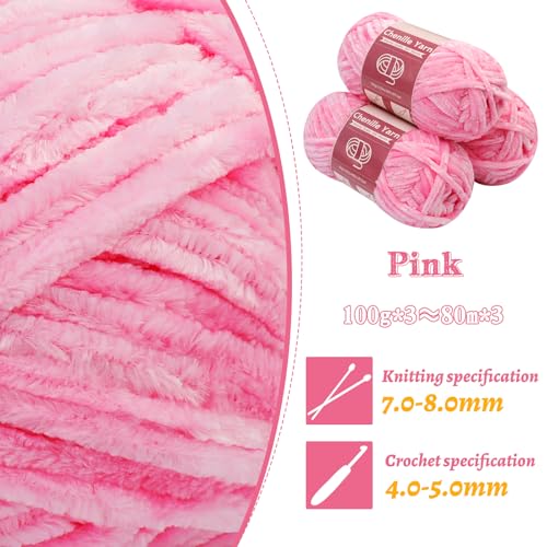 Image of LUNARM Chenille Yarn 3 Pack 3.5oz Chunky Blanket Velvet Yarn 263 Yard | Pink Chunky Chenille Yarn for Beginners Crocheting Hand Knitting Scarves with Big Eye Needles Machine Washable