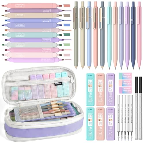 Image of Nicpro School Supplies Stationary Set with Pencil Case, 39 PCS Purple | Back to Schoo Supplies, Pen Case with 12 Highlighter, 5 Gel Pen, 6 Mechanical Pencil, Essentials for College, Nursing Student