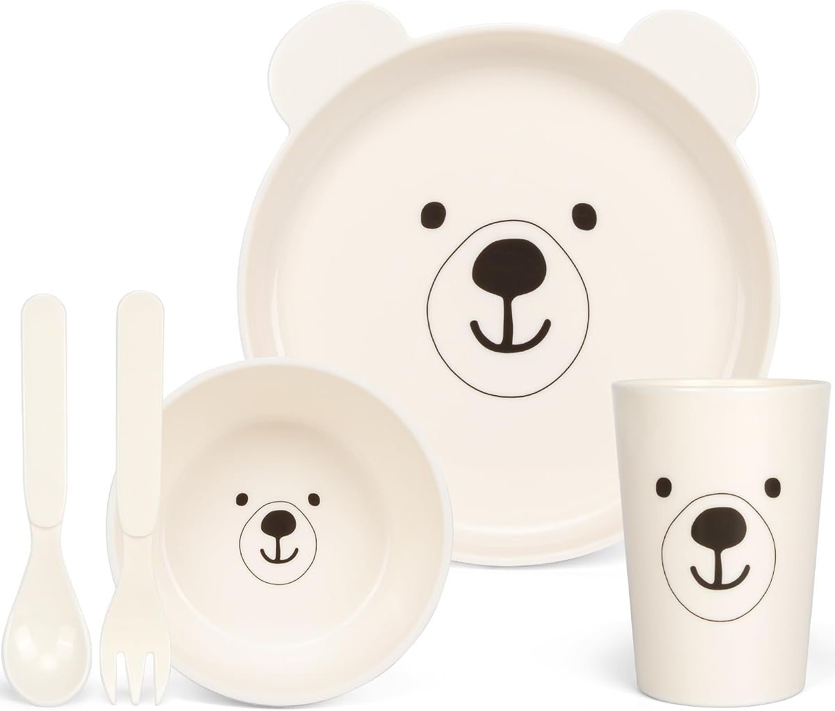 Juego de vajilla para niños - Juego de vajilla resistente al horno de 5 piezas con temática de oso polar que incluye plato, tazón, taza y utensilios | Sin BPA, apto para microondas y lavavajillas | Regalo ideal para niños (oso polar)