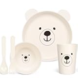 PHEENOWL Dinnerware Set for Kids - 5-Piece Polar Bear-Themed Includes Plate, Bowl, Cup & Utensils | BPA-Free, Microwave & Dishwasher Safe | Ideal Gift for Boys (White - Polar Bear)