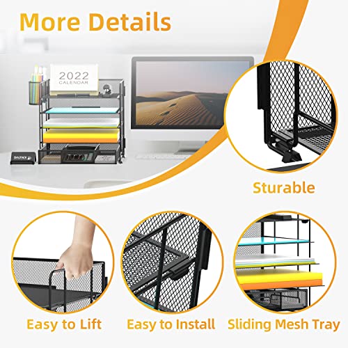 DALTACK 5-Trays Desktop File Organizer with Pen Holder,Letter Tray Paper Organizer with Drawer and Pen Holders, Mesh Office Supplies File Holder,Desk Organizer for Office School Home Black