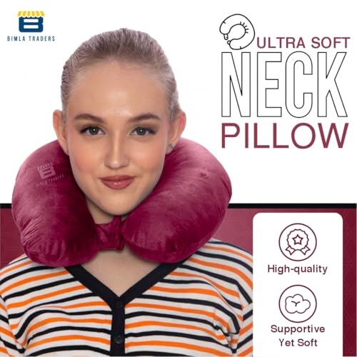 Image of CRAE Travel Neck Pillow for Men & Women | Soft Fibre Cushion for Flight, Car & Train | Soft Velvet Fabric with Attachable Snap Strap | Cervical Support for Neck Pain Relief.Pack of 1(Romantic Rani)