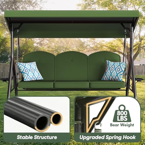 Image of ZZW 3 Seat Outdoor Porch Patio Swing with Stand 800lbs 2-in-1 Convertible Swing Bed with Adjustable Canopy & Removable Cushion for Yard Garden Deck (Green, Round Tube)