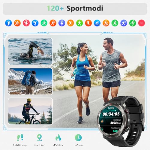 Smartwatch Herren mit Telefonfunktion, 1,45" HD Fitnessuhr Smart Watch , Fitness Tracker Sportuhren mit Pulsmesser Schlafmonitor Schrittzähler, 120+Sportmodi, IP68 Wasserdicht Uhr für Android iOS – Bild 6