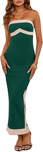Fisoew Womens Strapless Bodycon Dress Sexy Contrast Color Off Shoulder Party Tube Maxi Dresses - (color: Dark Green, size: Large)