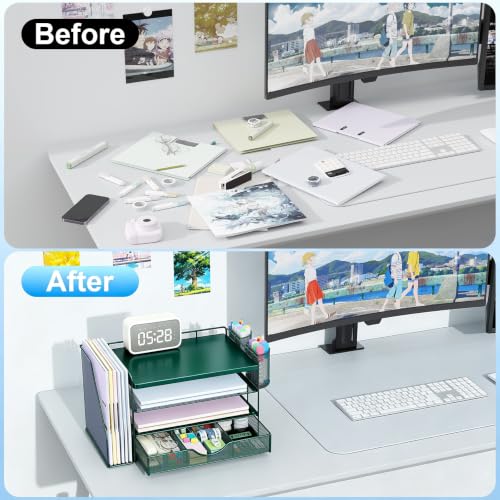 gianotter Wood Desk Organizers and Accessories with File Holder, 4-Tier Desk Accessories & Workspace Organizers with Drawer and 2 Pen Holder, Desk Reference Organizer (Green, 4T with Metal Drawer) - Image 2