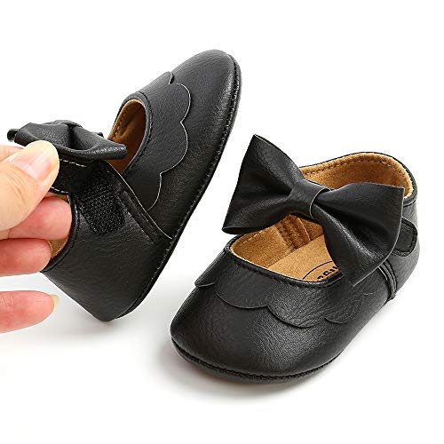 SOFMUO Baby Girls Mary Jane Flats Non-Slip Soft Rubber Sole Bowknot Infant Sneakers Toddler Princess Dress Walking Shoes(A01/Black,12-18 Months)