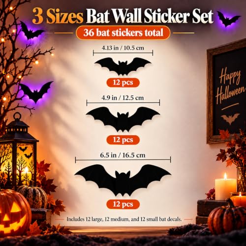 36 Pack LED Halloween Bat Decorations, Light Up 3D Bat Wall Decor, Glowing PVC Bat Stickers in 3 Sizes, Removable Halloween Decorations for Indoor Outdoor Walls, Windows, Party, Haunted House (Black) - image 5