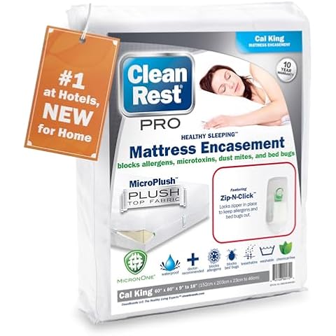 CleanRest Pro Mattress Protector Encasement, MicroPlush Fabric, Ultimate Sleep Surface Protection with Patented MicronOne Technology, Zip-N-Click Security, EZ-Fit, Waterproof (California King) Cover
