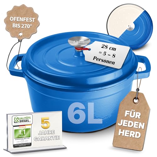 Ottia Gusseisen Topf, 28 cm, 6 Liter, Premium Emaille, Schmortopf Bräter mit Deckel, Gusseisentopf, Dutch Oven, Brotbackform, Brotbacktopf, alle Herdarten (auch Induktion), ofenfest, Händler aus HH