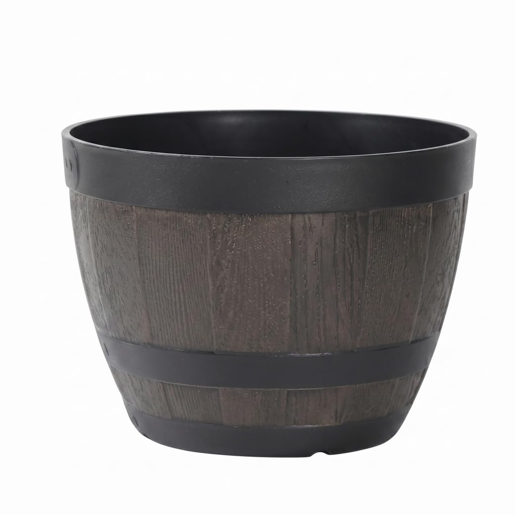 Wilafury Whiskey Barrel Planter, 9 Inch Rustic Plant Pot, Plastic Flower Pots, Lightweight Indoor Outdoor Planters Decorative Garden Pot