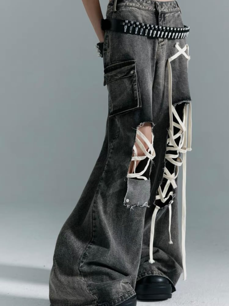 Emo Pants Emo Clothes Y2k Bow Tie Pants Gothic Baggy Pants Goth Cargo Jeans Ripped Goth Gothic Clothes