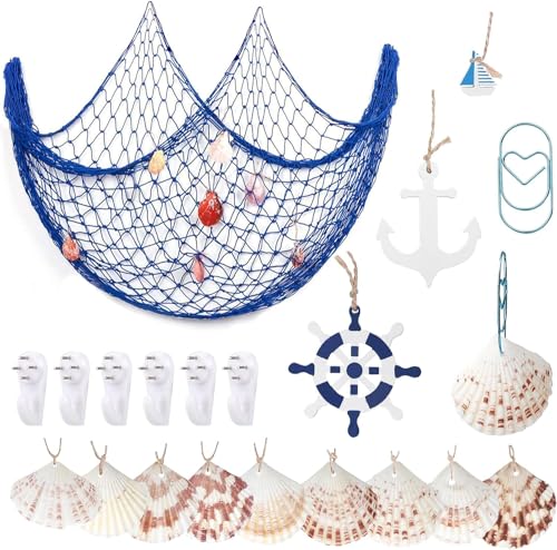 YSDMY Filet de pêche décoratif avec coquilles，Voilier en bois，Roue de Bateau，ancre en bois，Non-Trace Crochets，trombone 1 m x 2 m pour Décoration Maritime Décoration Murale （Bleu）