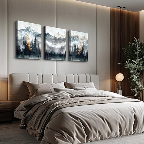 DZRWUBHS Canvas Wall Art for Bedroom Modern Wall Decor for Living Room Office Decorations Mountain Landscape Wall Pictures Foggy Forest Vintage Paintings Artwork Bathroom Home Decor Prints 3 Piece