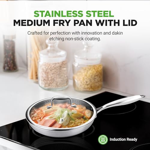 NutriChef 10” Non-Stick Stainless Steel Frying Pan with Lid, Triply Stainless Steel Cookware, Etched Non-Stick Coating, Oven & Induction Safe, Premium Stainless Steel Frying Pan, PFOA/PFOS Free by NutriChef - Image 2