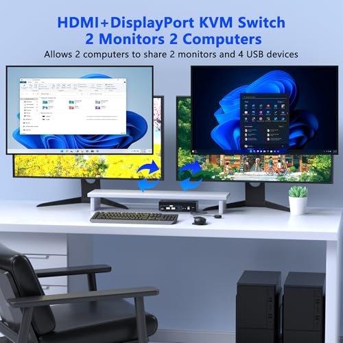 Image of HDMI DisplayPort KVM Switch 2 Monitors 2 Computers, 4K@60Hz Dual Monitor KVM Switches HDMI DisplayPort for 2 Computers Share 2 Monitors and 4 USB Devices for Keybord Mouse Printer Hard Drive