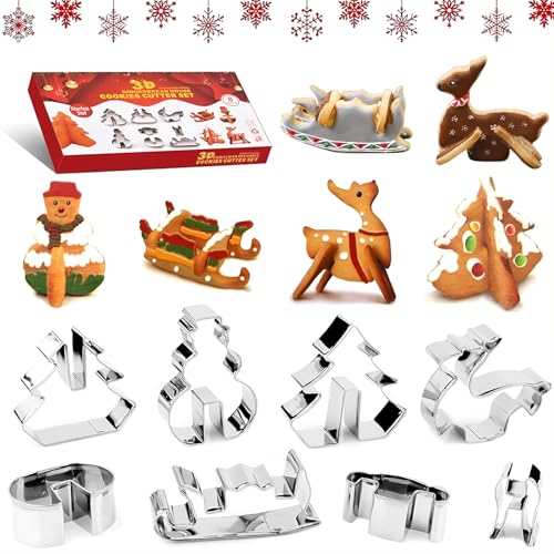 Veszoen 8 Pezzi Stampini per Biscotti Natalizie 3D Formine Biscotti Formine per Biscotti di Natale Stampi Biscotti in Acciaio Inox Tagliabiscotti Natalizi per Dolci Pasticceria Decorazione