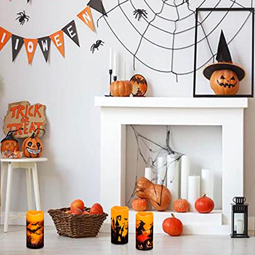 Image of 3 PCS Battery Operated Flameless Flickering Candles with 6 Hour Timer, Real Wax Electric LED Halloween Fake Pillar Candles with Castle, Witch, Bats for Indoor Kids Halloween Thanksgiving Decor