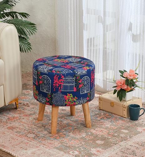 Image of NACIA Velvet Printed Ottoman Chair with Stool Combo | Dressing Table Chair for Bedroom Makeup Room Decor | Modern Upholstered Ottoman with Wooden Legs for Living Room & Home (18x18x32 Inches, Blue)