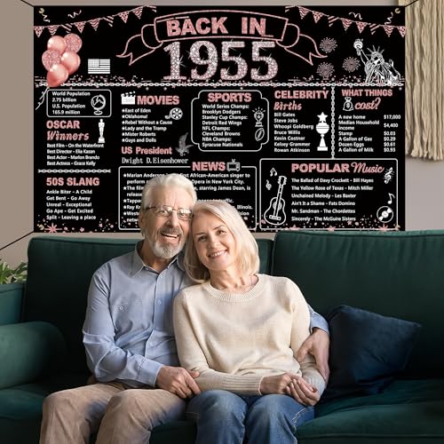 Image of DARUNAXY 71st Birthday Rose Gold Party Decoration, Back in 1955 Banner for Women 71 Years Old Birthday Background Vintage 1955 Poster Backdrop for Girls 71st Class Reunion Party Supplies