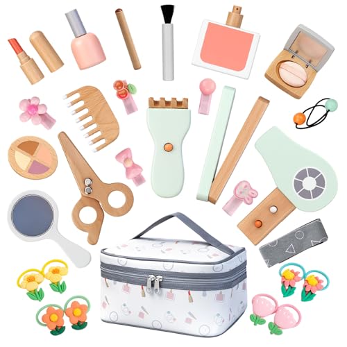 Set maquilhagem de madeira menina, brinquedos de beleza de madeira, brinquedo de madeira jogo de role, kit de maquilhagem Feating com bolsa Comestic acessórios presente aniversário para crianças 3 4 5