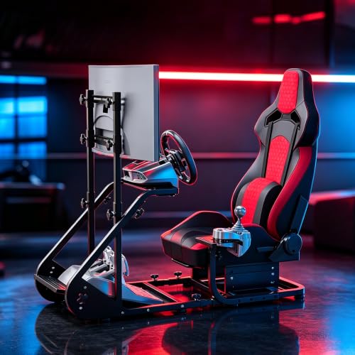 Racing Simulator Cockpit with Monitor Stand, Adjustable Racing Wheel Stand, Reinforced Frame Driving Sim Rig Compatible with Logitech, Thrustmaster, Fanatec, PXN, Moza, for PC PS5 PS4 Xbox, Racing Seat Included, Handbrake Pedals Steering Wheel Monitor NOT Included