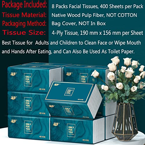 Image of 8 Packs Disposable Facial Tissue, Toilet Paper, Native Wood Pulp Fiber Material, Soft Facial Napkin, White Facial Paper Tissue, 4-Ply, 400 Sheets per Pack