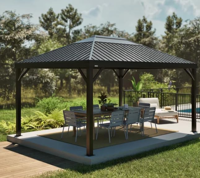 Sojagg Kiruna Gazebo installed on a patio with outdoor dining furniture