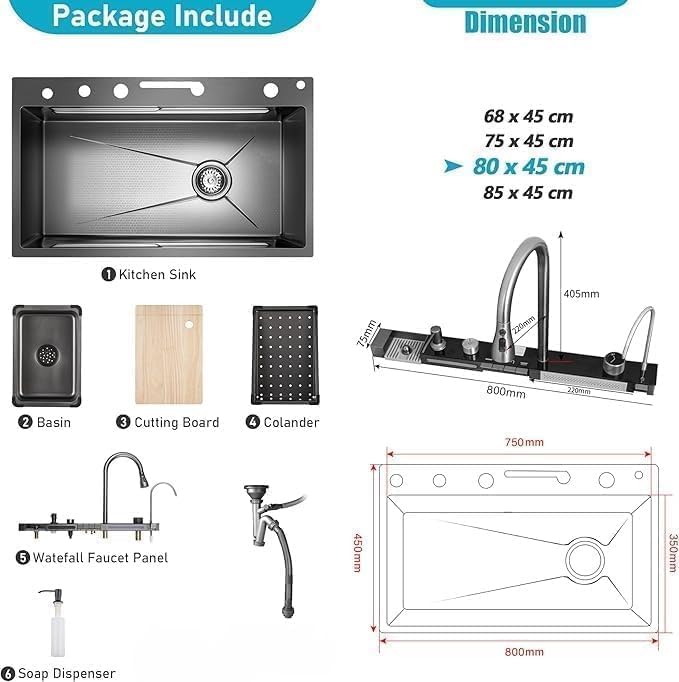 Image of ARQUIN ARQUIN Kitchen Sink 30 inchx18 inchx9 inch Inch Piano Kitchen Sink Multifuctional LED Pannel & Digital Display Premium Heavy Stainless Steel Black Finish with Integrated & Pull Down Faucet