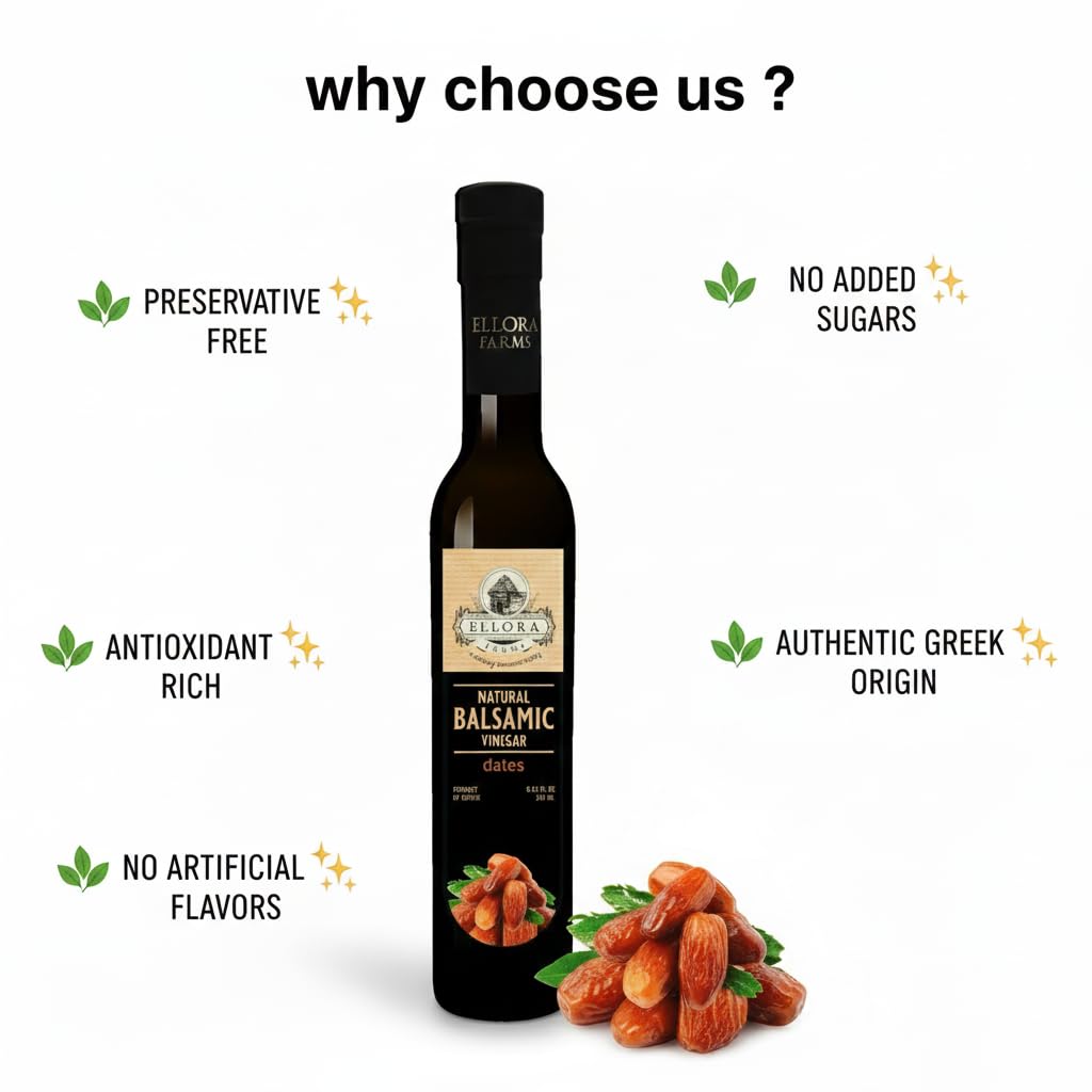 Ellora Farms, Balsamic Vinegar Dates Infused, Thick and creamy, Barrel aged, No-added sugar, Award Winning, Glass bottle, 8.45 oz., (Dates)