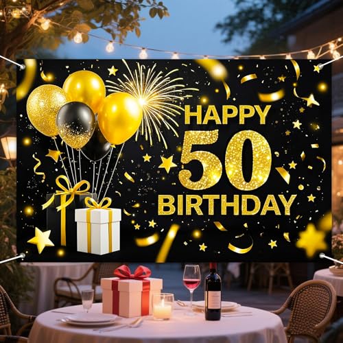 Fondo feliz 50º cumpleaños 71x43 pulgadas negro y dorado miniatura 2