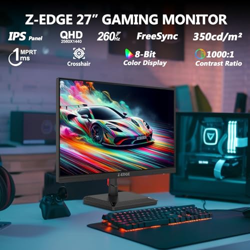 Z-Edge 27" IPS Gamingmonitor 260Hz(DP1.4×2), QHD (2560x1440), 1ms, FreeSync, 16:9 LED Monitor 2K, 144Hz (HDMI2.0×2), Instelbare Helling, 350cd/m², 8 bit, VESA 100x100mm (DP-kabel inbegrepen) - Afbeelding 3
