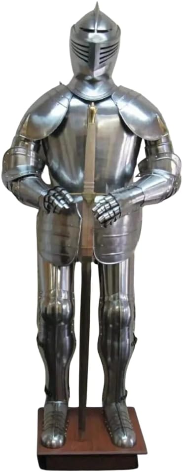 15th Century Full Body Armour Costume Medieval Knight Suit with Base, Metal Finish Silver