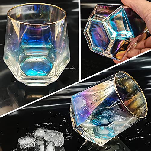 Diamond Whiskey Glasses, Set Of 4 Rocks Glasses Gold Banded Cocktail Drinkware For Rum, Scotch, Bourbon Or Wine Glass, Tumblers Old Fashion Elegant Glass Unique Christmas Father's Day Gifts (Rainbow) #TOP3