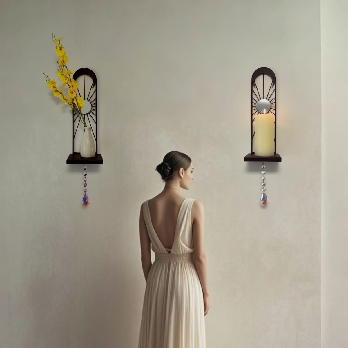 Wall Candle Sconces Set of 2, Stylish Black Metal Wall Mount Candle Holders, Aesthetic Wall Décor Art, Wall Hanging Decoration for Living Room Bathroom Dining Room Farmhouse