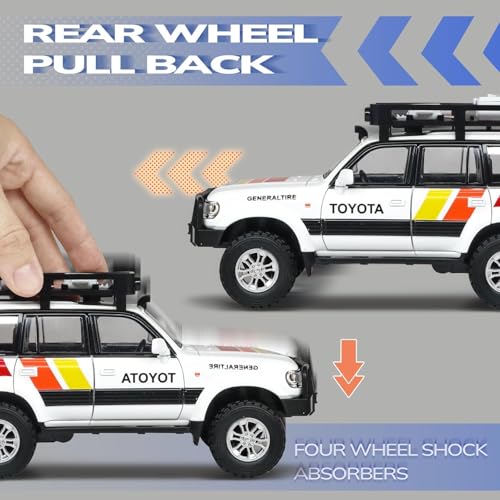 Image of 1:24 Scale Diecast Land Cruiser LC80 Model Car - Metal Pull Back Toy with Opening Doors, Lights & Sounds - Collectible Toy SUV for Boys Age 3-8, Certified Safe Gift for Kids (White)