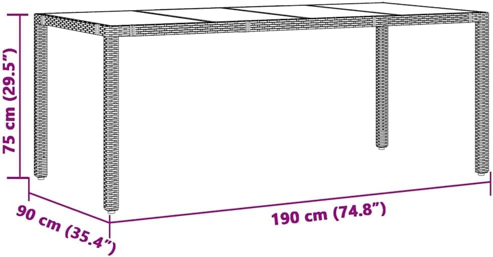 Garden Coffee Table Black Poly Rattan with Tempered Glass Top, Powder-Coated Steel Frame, Rectangular 74.8 x 35.4 Inches, Outdoor Patio Furniture for Terrace and Garden