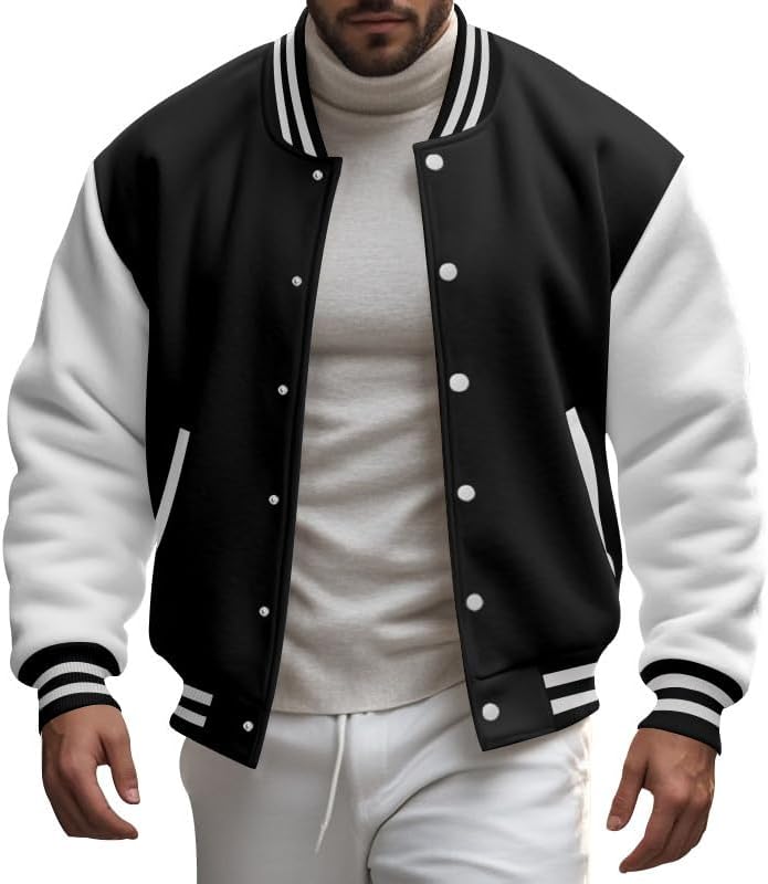 Men's Varsity Baseball Jacket Classic College Style Bomber Coat with Striped Ribbed... - Image 3