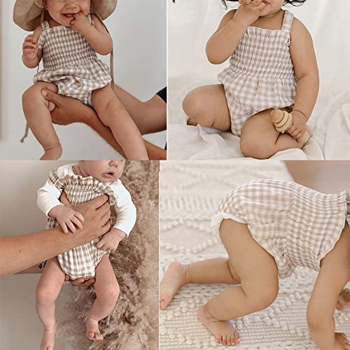 Mersariphy Newborn Baby Girl Summer Clothes Cotton Linen Bodysuit Romper Floral Pleated Tops With Headband (12-18 Months, Plaid) #TOP2